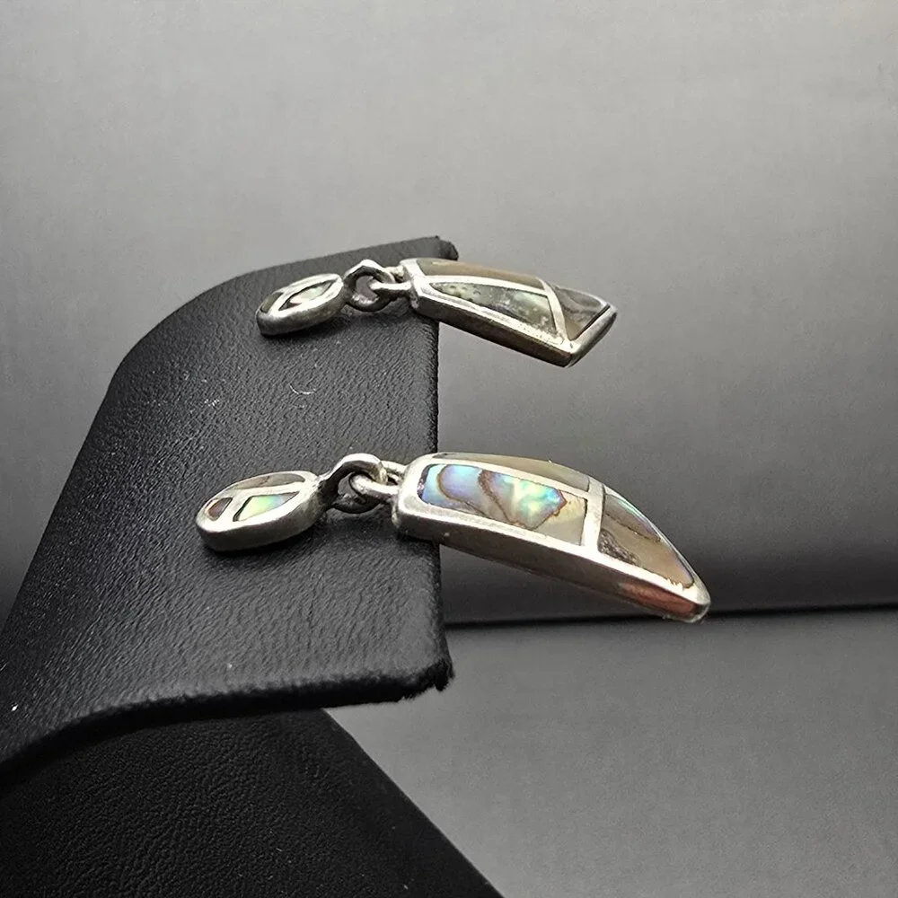 VTG Carol Felley Sterling Silver Abalone Mosaic Dangle Earrings 1" Signed CFJ - Picture 3 of 9